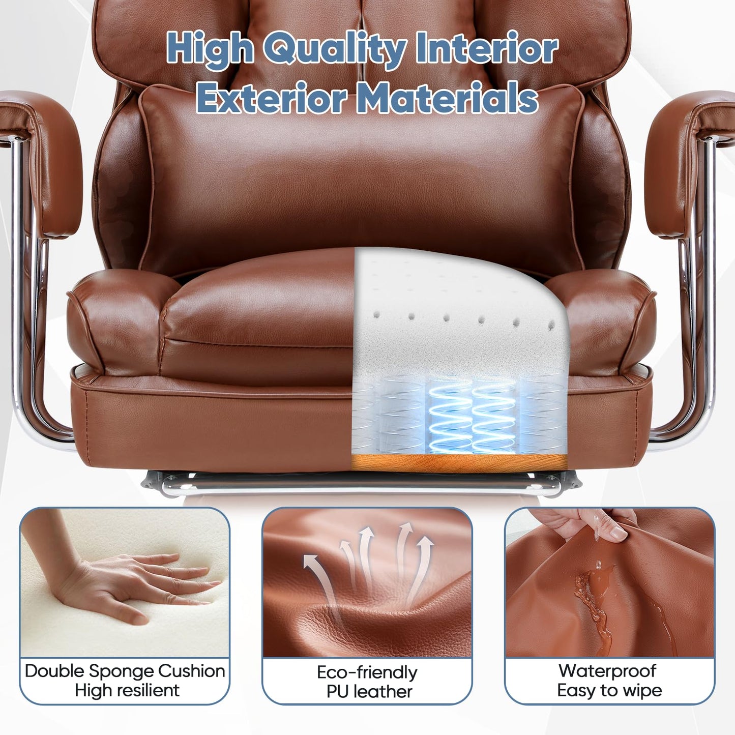 DUMOS Home Office Desk Executive Chair - Ergonomic Big Tall High Back with Footrest & Lumbar Support, Reclining Height Adjustable, Comfy PU Leather Computer Gaming with Swivel Wheels, Brown