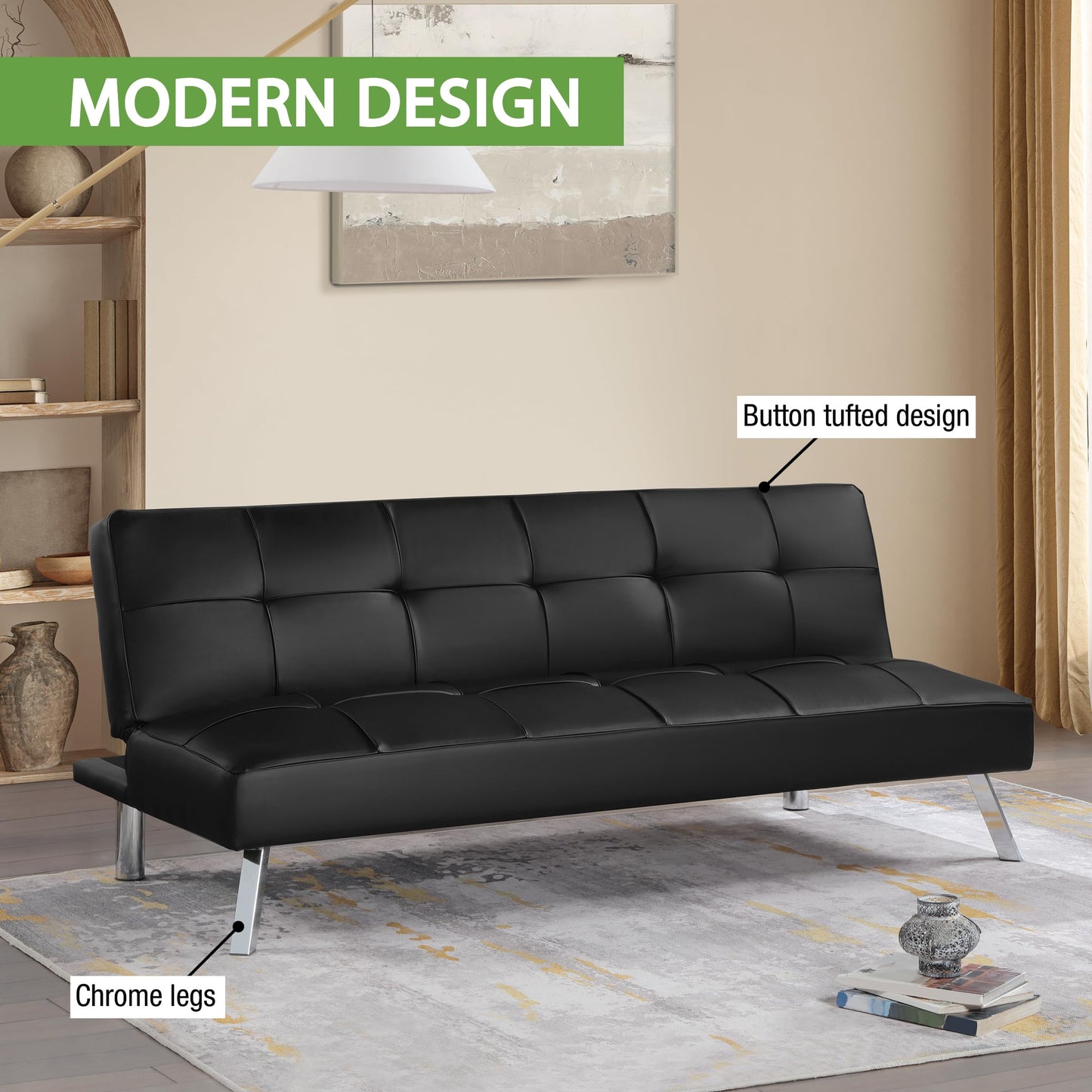 OSP Home Furnishings Kenneth Modern Button Tufted Convertible Click-Clack Futon Sofa Bed, Black Faux Leather with Chrome Legs