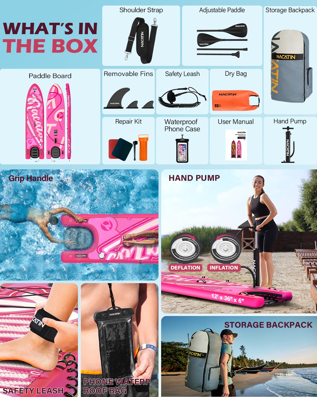 NACATIN Inflatable Stand Up Paddle Board - Premium SUP Board with Dog Ramp Kit,Complete SUP Set Paddle Boards for Adults with Single/Double Paddle, Backpack, Suitable for Paddle Boarding with Dog