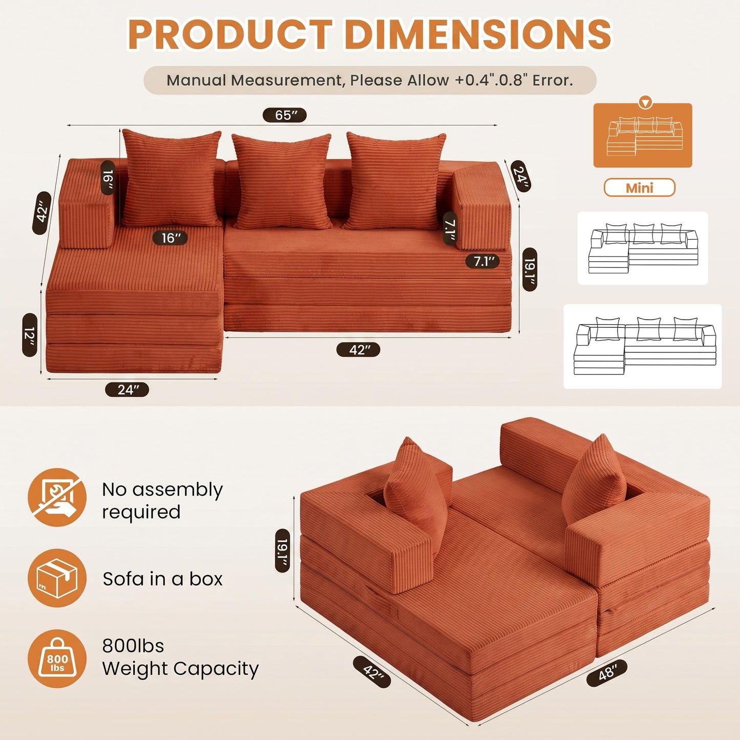 65" Modular Sectional Sofa, Boneless Convertible Sleeper Sofa Bed, Modern Tri-Folding Cloud Couch with L-Shape Chaise, Corduroy Futon Couches for Living Room Small Spaces Apartment,No Assembly, Orange