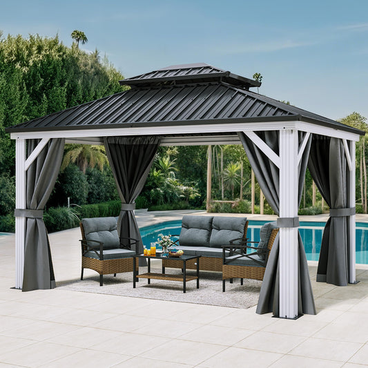 YITAHOME White Gazebo 10x12ft Hardtop Double Roof Canopy Galvanized Iron Aluminum Frame Outdoor Gazebo with Netting and Shaded Curtains Garden Tent for Patio, Backyard, Deck and Lawns, Grey Curtain