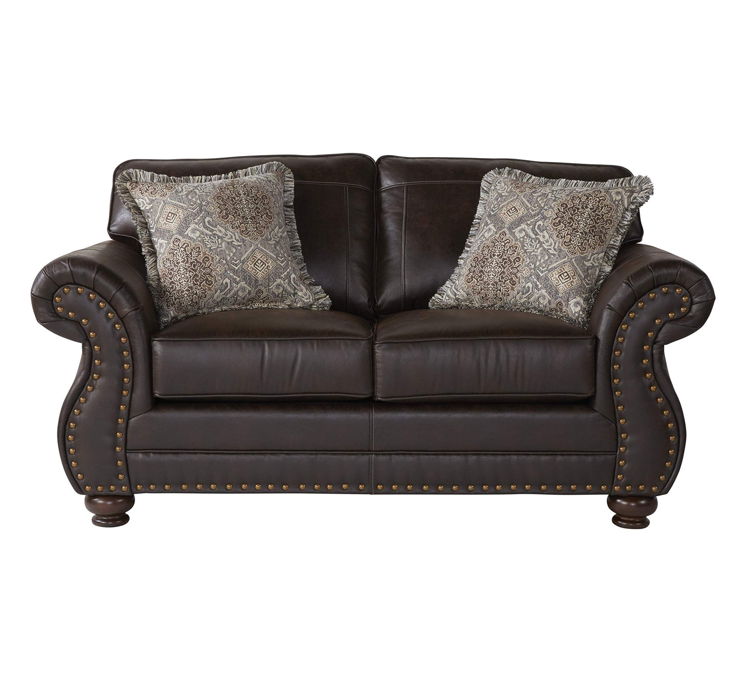 Roundhill Furniture Leinster Fabric Upholstered Nailhead 3-Piece Livingroom Set, Sofa, Loveseat, and Chair Set, Espresso