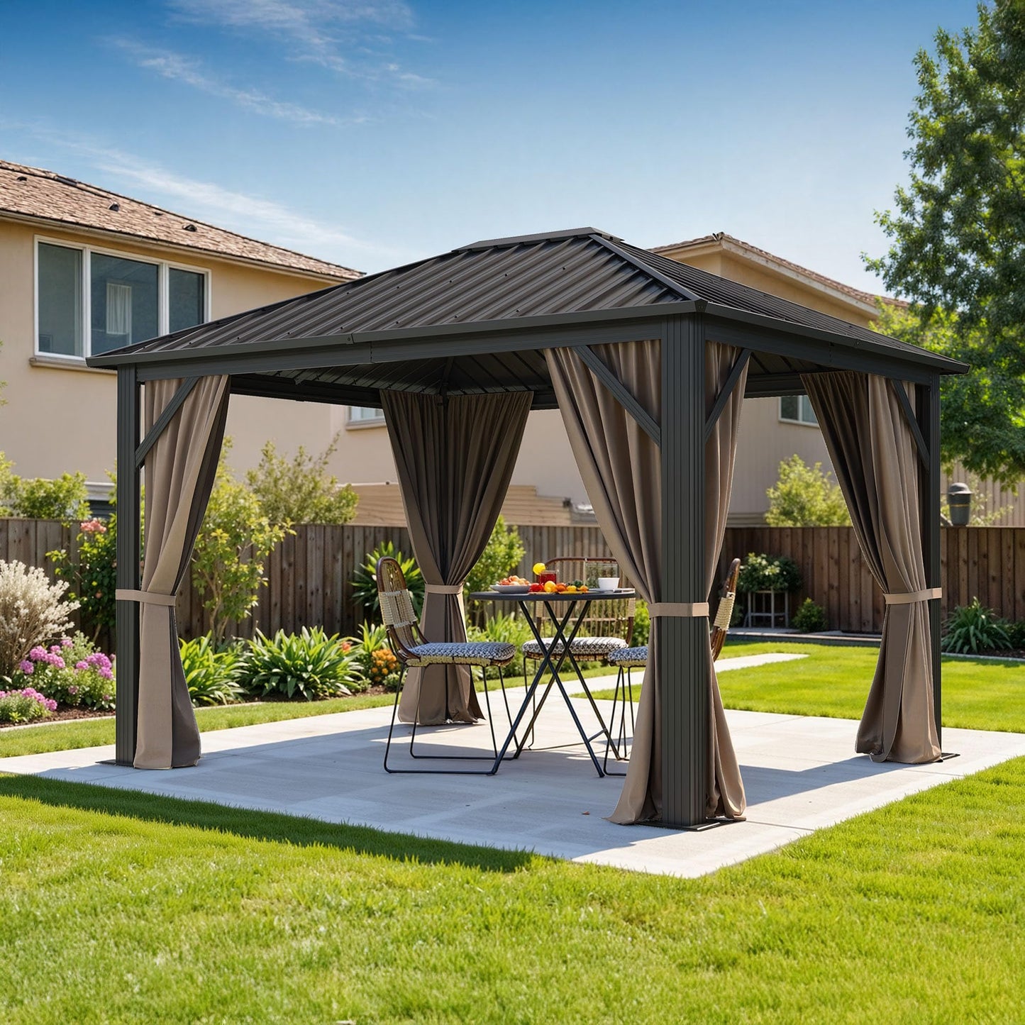 DWVO 10x12ft Gazebo Hardtop with Nettings and Curtains, Heavy Duty Galvanized Steel Outdoor Vertical Stripes Roof for Patio, Backyard, Deck, Lawns, Brown