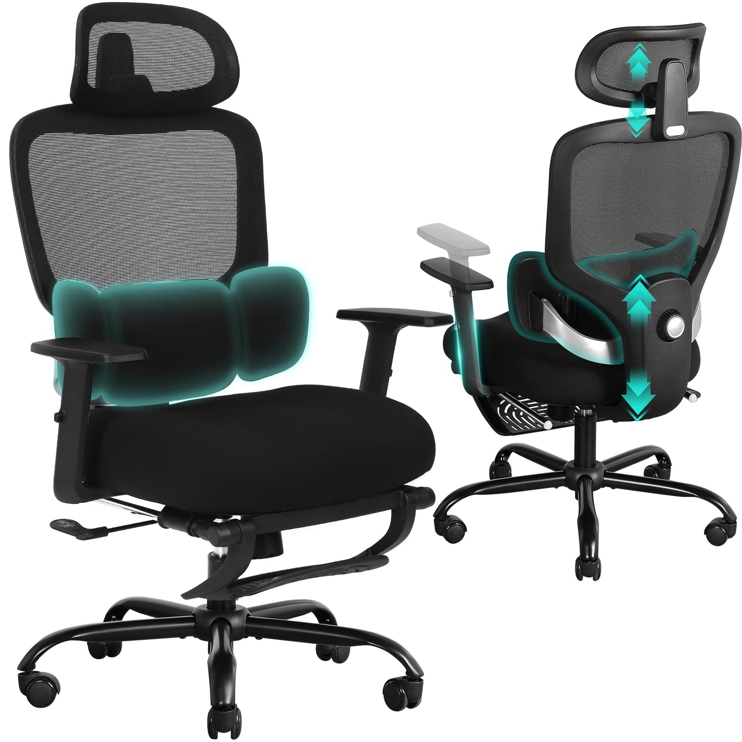 Ergonomic Office Chair with Footrest, Mesh Desk Chair with Adjustable Headrest & Armrests & Dynamic Floating Wing Lumbar Support, High Back Computer Chair for Home Office, BIFMA Certified, Black