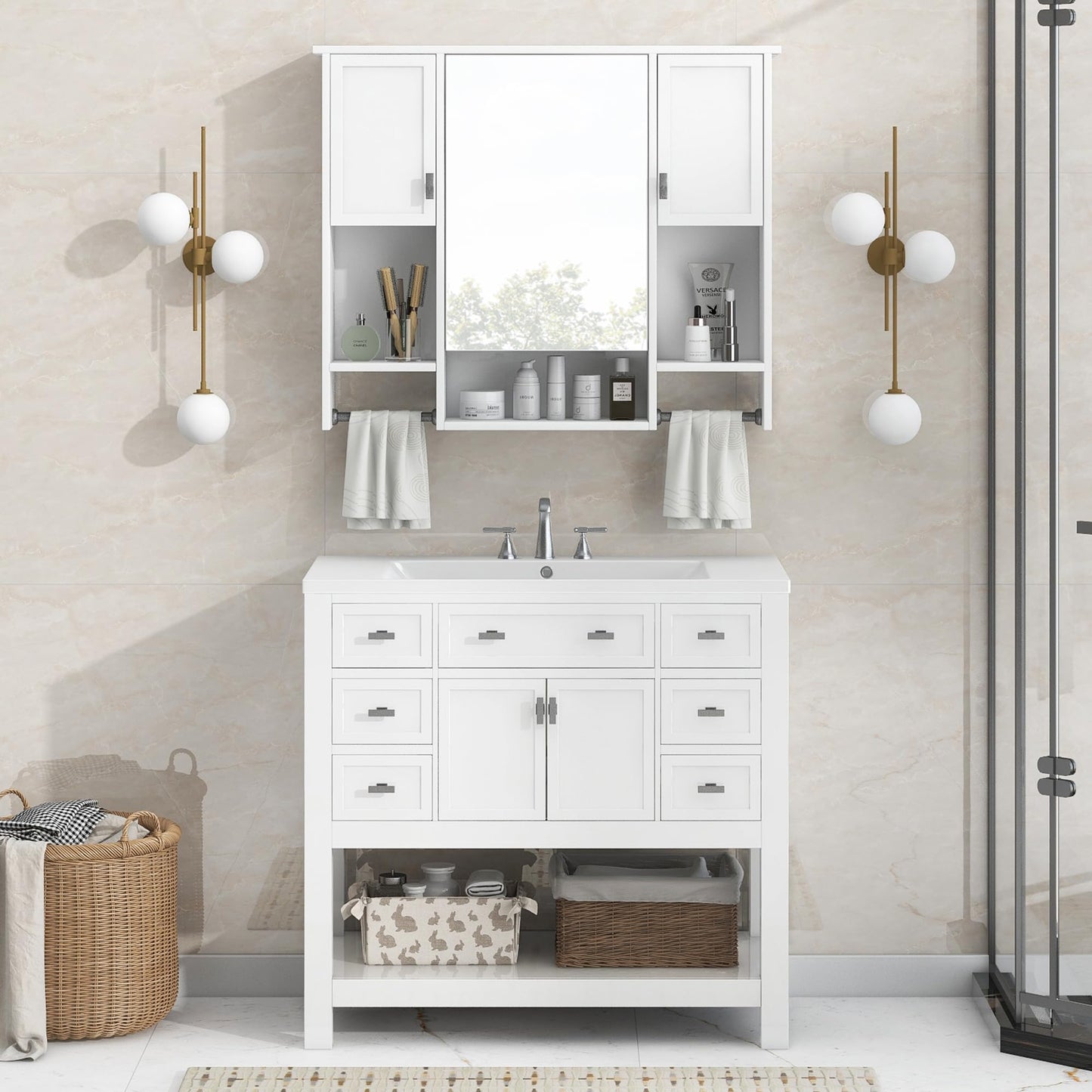 Merax Medicine Cabinet with Mirror, Wall Mount Bathroom Cabinet 35" x 28" Over Toilet Storage Cabinet Organizer with Doors, Open Shelves, and Towel Bars, Mirrored Bathroom Wall Cabinet