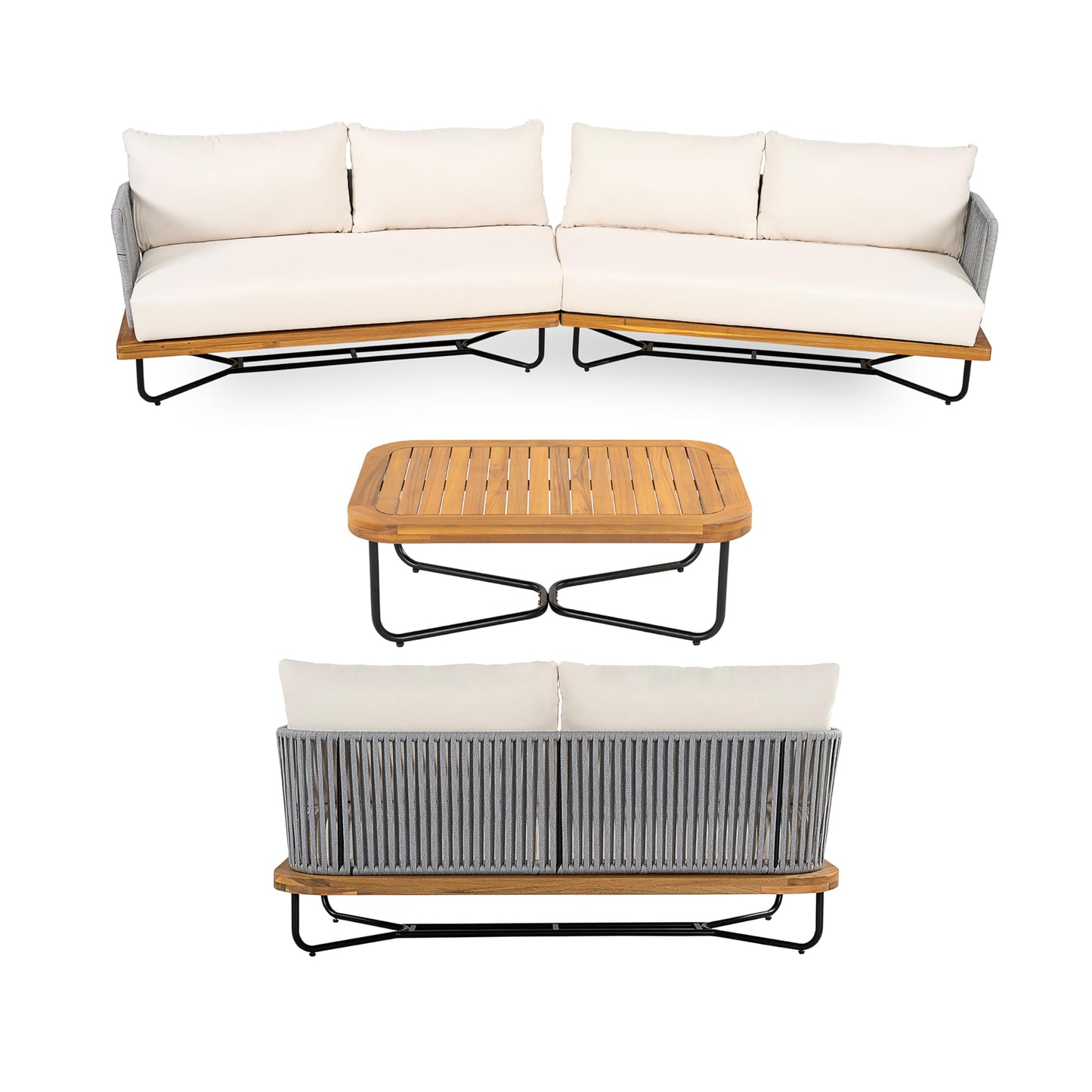 Merax 4 Piece Rope Woven Paito Conversation Set, All-Weather Acacia Wood 4-Seater Sectional Sofa,1 Armchairs with Sturdy Metal Base and Cushions,1 Coffee Table for Porch, Lawn, Backyard, Beige+Gray
