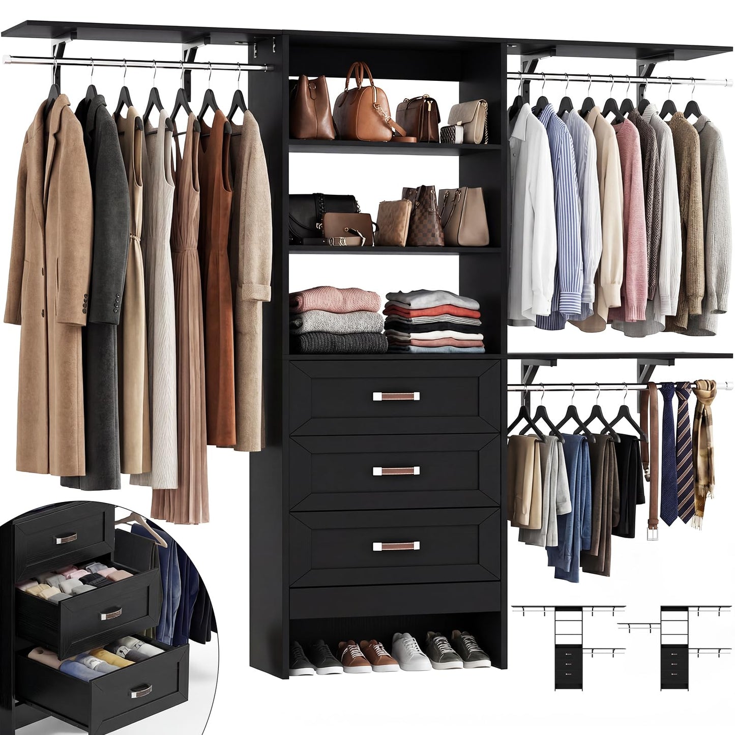8FT Closet System with 3 Curved Drawers, 96'' Wooden Walk-in Closet Organizer with 3 Top Shelves, Adjustable Organizer System with 3 Hanging Rods, Built-in Wardrobe Storage Rack for 4-8 ft, Black