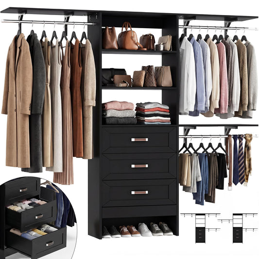 8FT Closet System with 3 Curved Drawers, 96'' Wooden Walk-in Closet Organizer with 3 Top Shelves, Adjustable Organizer System with 3 Hanging Rods, Built-in Wardrobe Storage Rack for 4-8 ft, Black