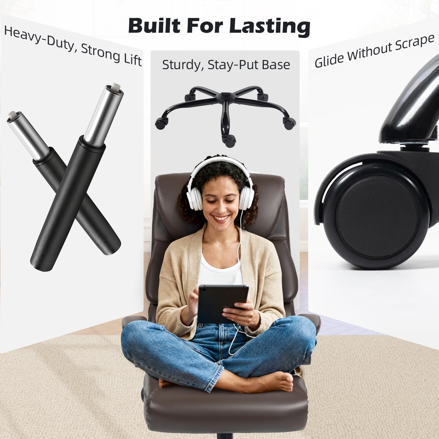 Office Chair - Ergonomic High Back Computer Desk Chair with Rocking Function & Lumbar Support - Executive Comfortable Wide Swivel Rolling Office Leather Chair with Flip-up Armrests for Home Gaming