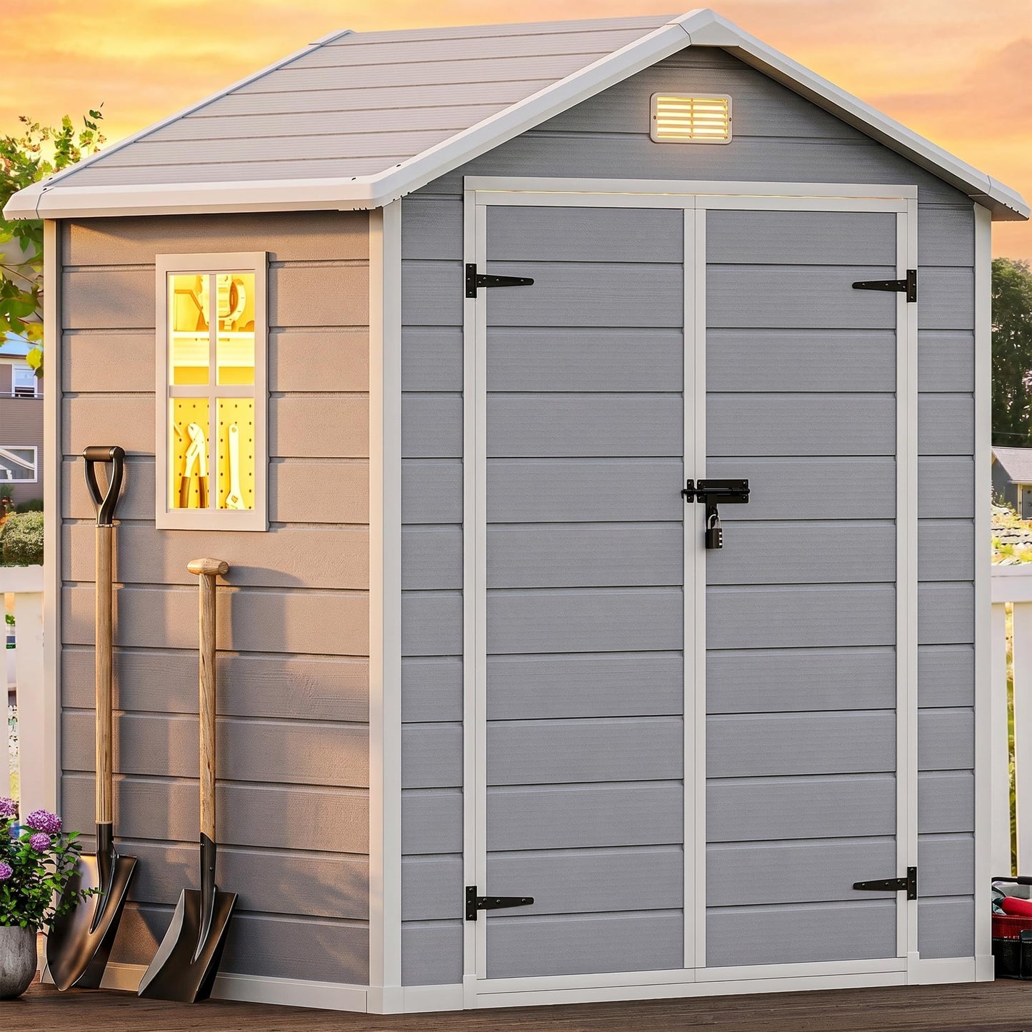 DWVO 6x4.4 FT Resin Storage Shed with Reinforced Floor, Outdoor Storage Shed with Lockable Door, Window and Vents, Waterproof Plastic Tool Storage for Garden, Backyard, Patio, Lawn