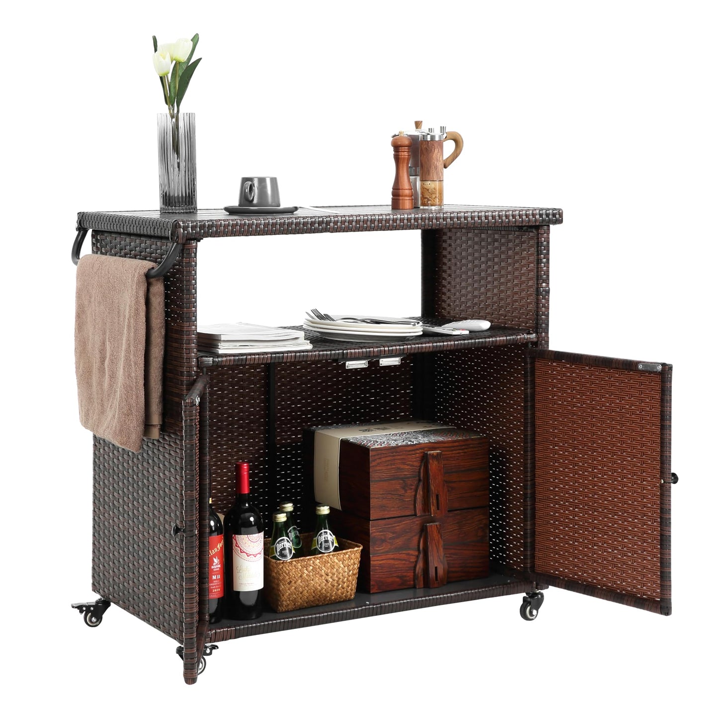 GDFStudio Outdoor Wicker Bar Cart with Wheels, Patio Rolling Rattan Beverage Serving Cart with Plastic Wood Top, Storage Cabinet Wine Trolley for Backyard, Garden, Poolside, Porch Party, Light Brown