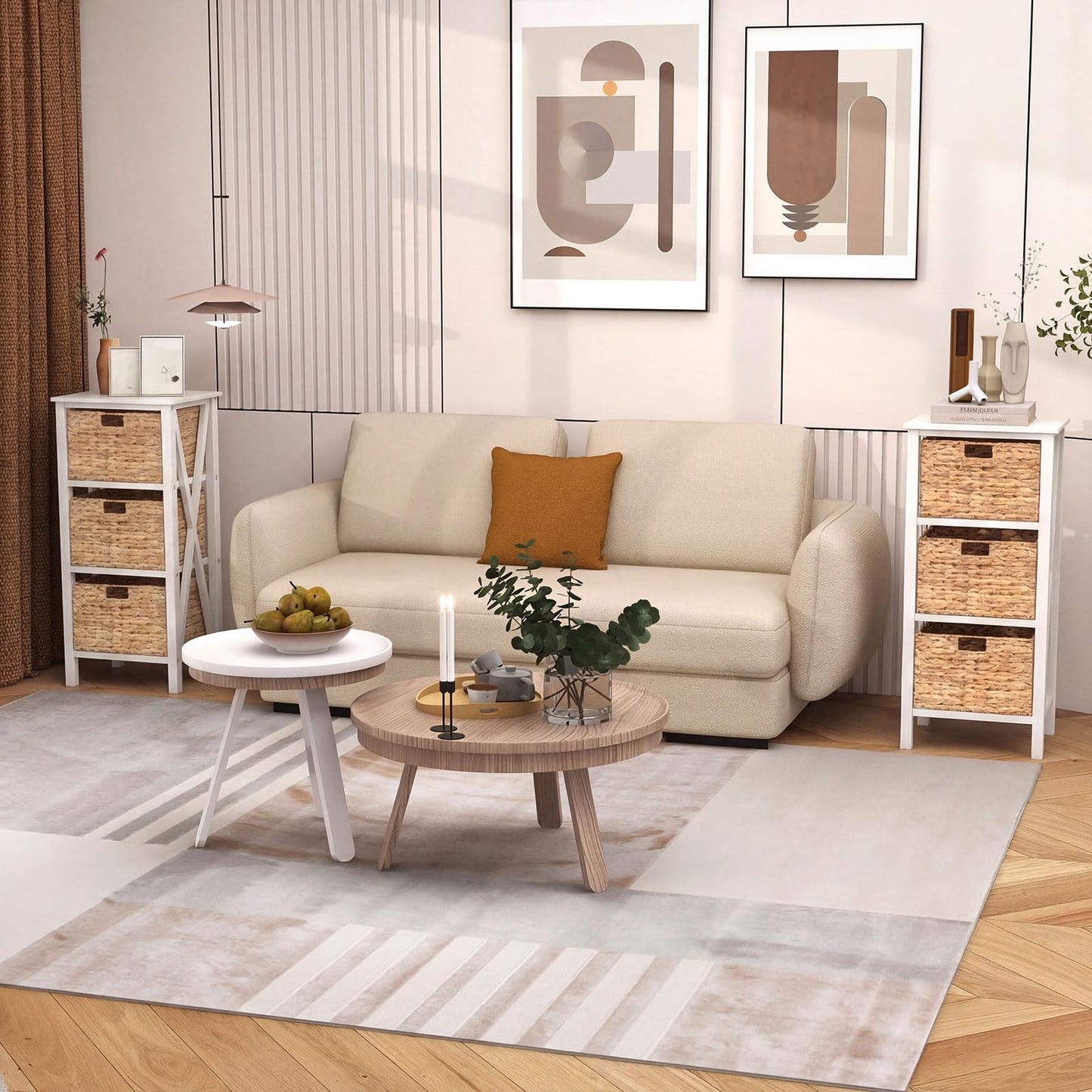 Giantex 3-Tier Nightstand with 3 Wicker Baskets Set of 2, Wooden X-Design Side Table End Table, Beside Table with Acacia Wood Legs, Mid Century Accent Storage Cabinet for Small Spaces, Bedroom, White