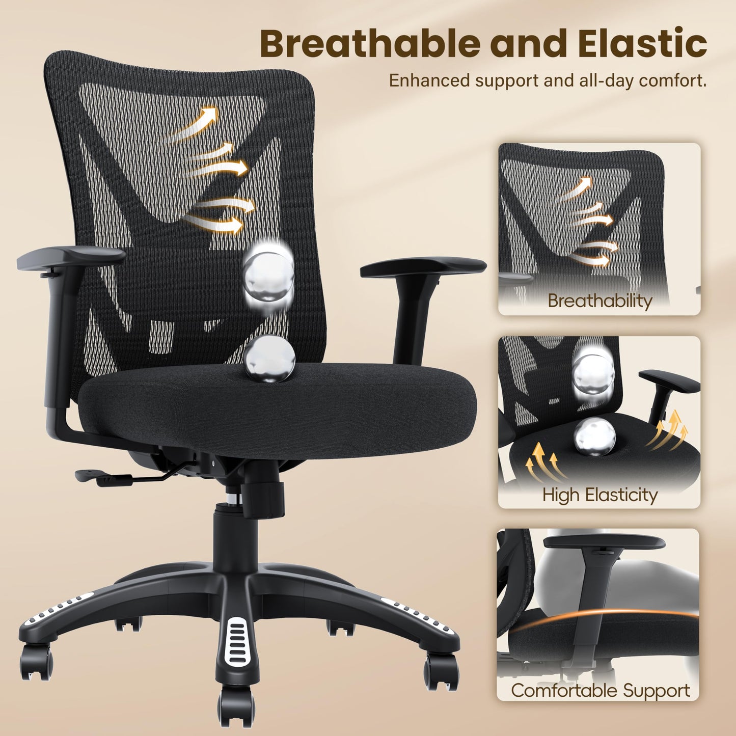 MOLENTS Ergonomic Office Chair, Mesh Computer Desk Chairs with Adjustable Lumbar Support, 3D Armrests, Tilt Function, Comfy Wide Seat, Executive Work Task Chair for Company and Home (Sponge Cushion)