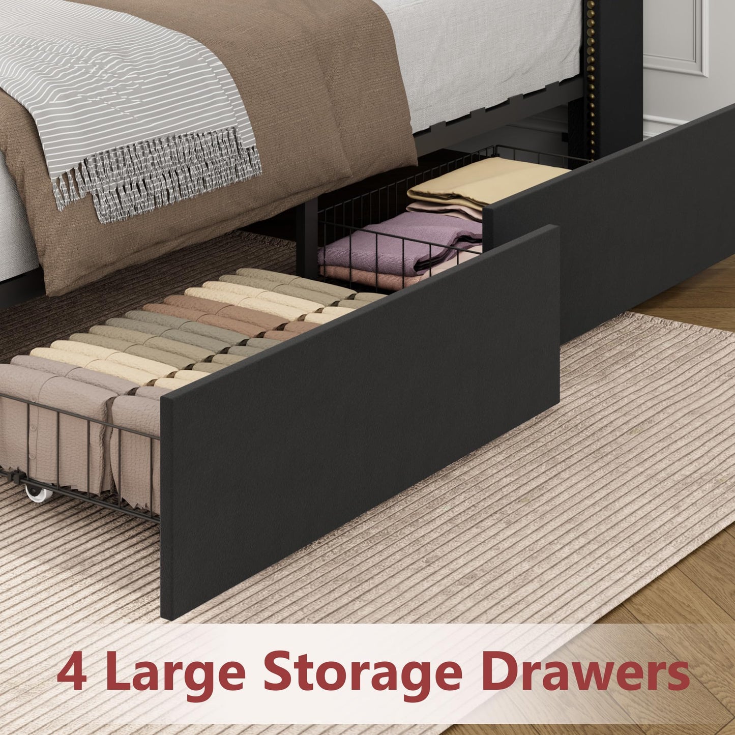 Queen Size Black Velvet Storage Bed with Shelved Headboard and 4 Drawers, Tufted Upholstered Platform Bed Frame with Nailhead Trim, Metal Support Slats, No Box Spring Required, Easy to Assemble