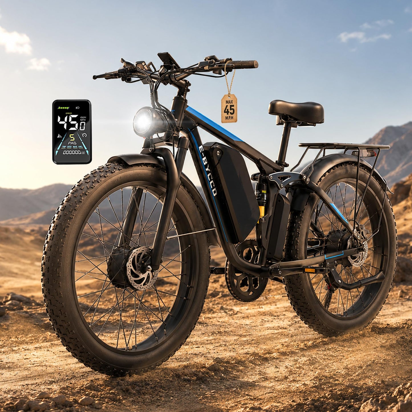 E·Bycco Electric Bike for Adults, 6000W Peak Dual Motor, 24" Fat Tire Ebike, 52V 32Ah Removable Battery, Full Suspension, Commuter Mountain E-Bike for Men Women (EB7PRO 24" BlackBlue)