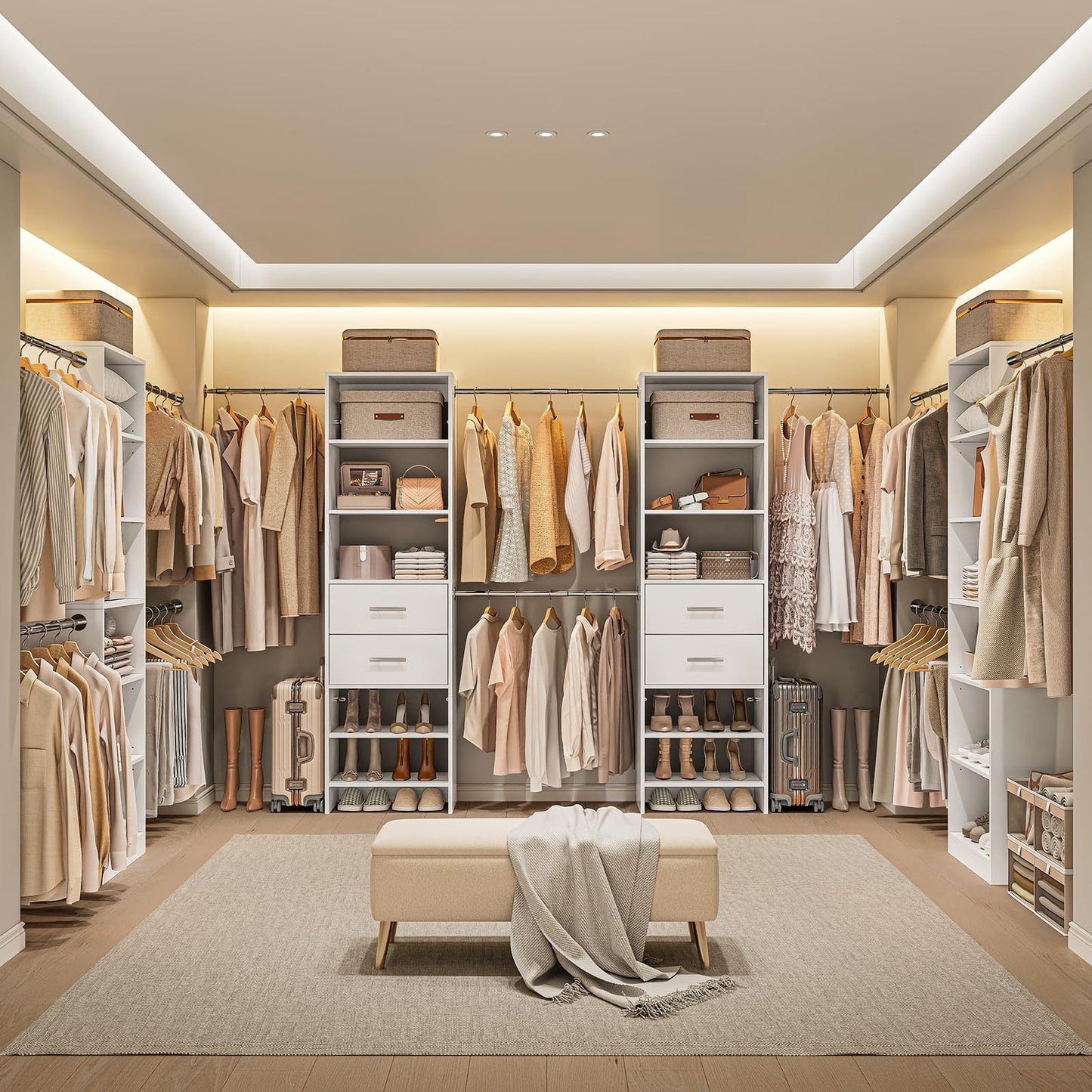 W2 Closet System with 2 Drawers, 3.5FT-7.7FT Closet Organizer System with 4 Chrome-Plated Telescopic Rods & 5 Adjustable Shelves, Custom Wood Walk-In Closet Clothing Rack, White