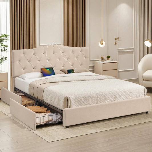 VECELO Queen Size Platform Bed Frame with 4 Storage Drawers,Fabric Upholstered Headboard and Wooden Slats Support,Built-in USB and Type C Ports, No Box Spring Needed,Easy Assembly