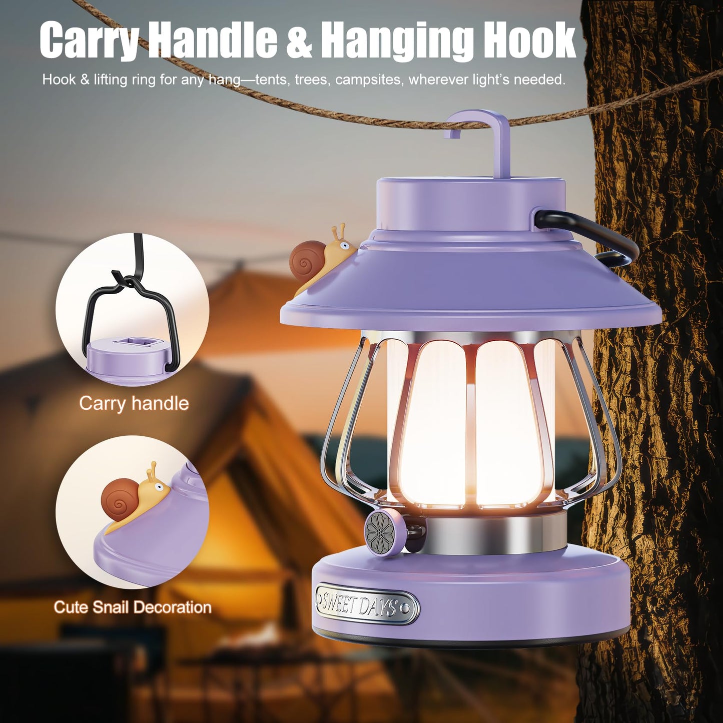 V.C.Formark Retro Snail Kids Lantern - USB Rechargeable LED Night Light, 3-Color Dimmable, Plastic, Purple, Model VC-CA-Purple
