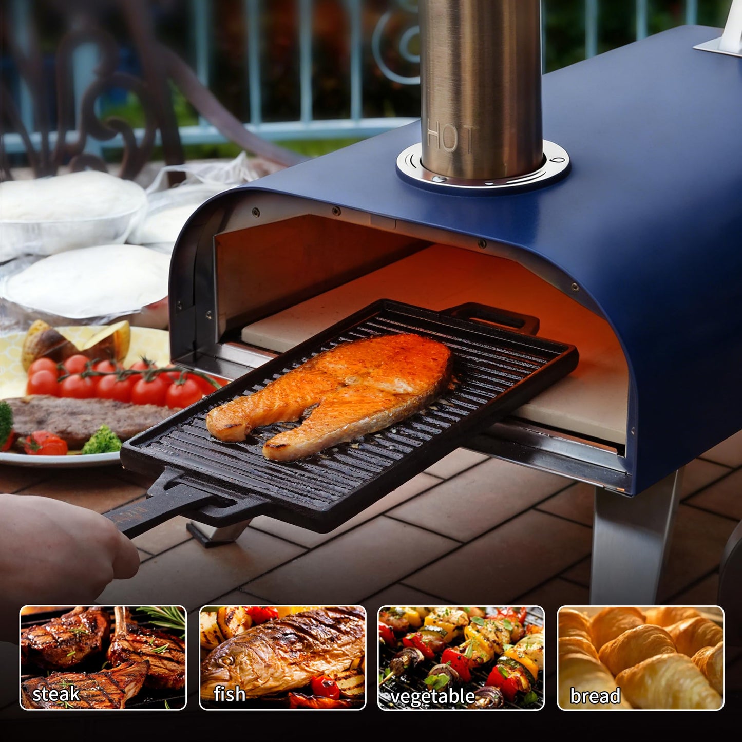 BIG HORN 12" Multi-Fuel Outdoor Pizza Oven Reach up to 1110℉– 3-in-1 Wood,Gas &Electric Compatible(Burners Sold Separately),Pellet Pizza Oven Portable Pizza Maker for Backyard, Camping&Tailgating,Blue