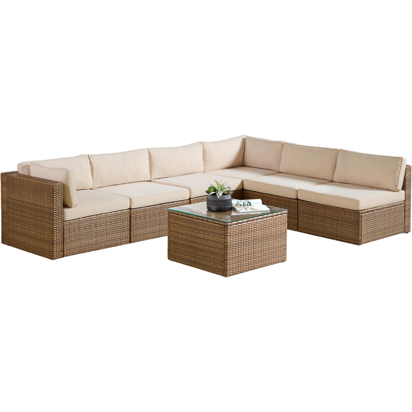 Alaterre Furniture Montara 7 Piece Modular Outdoor Patio Furniture Set - Weather-Resistant Wicker Rattan Patio Table and Chairs Set - Outdoor Couch Set for Backyard, Porch, or Deck (Tan/Cream)