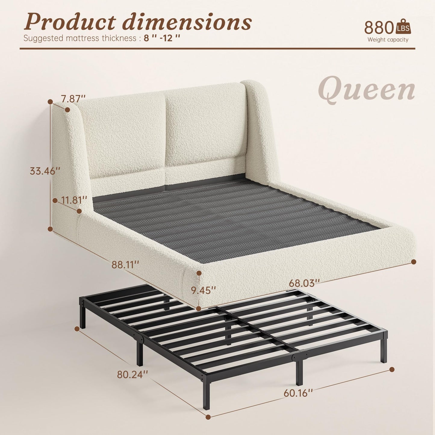 Homkdom Cloud Bed Frame Queen Size with 5" Headboard Protection