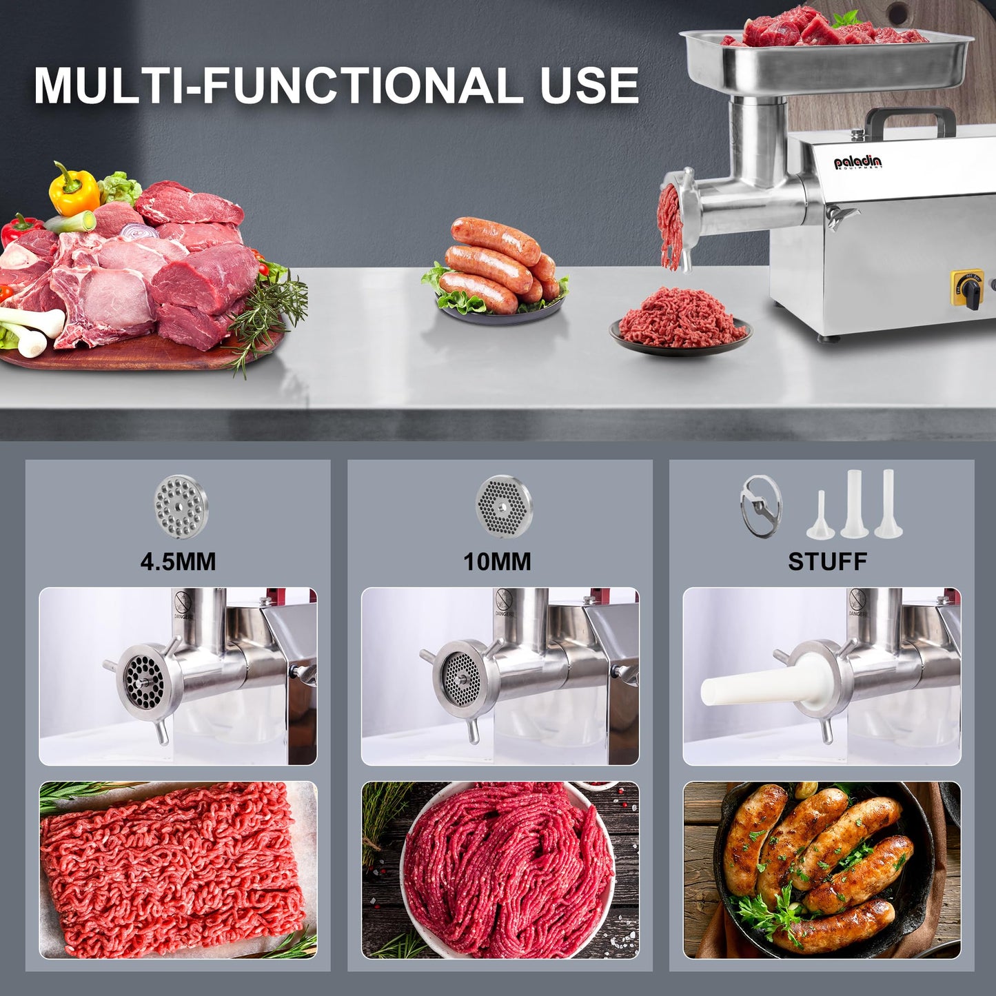 Paladin Equipment #32 Electric Commercial Meat Grinder, 2 HP Heavy Duty Stainless Steel Meat grinder Machine with Sausage Sufffer, 21 lbs Per Minute, Ideal for deer processing, Pet Food,Heavy Use
