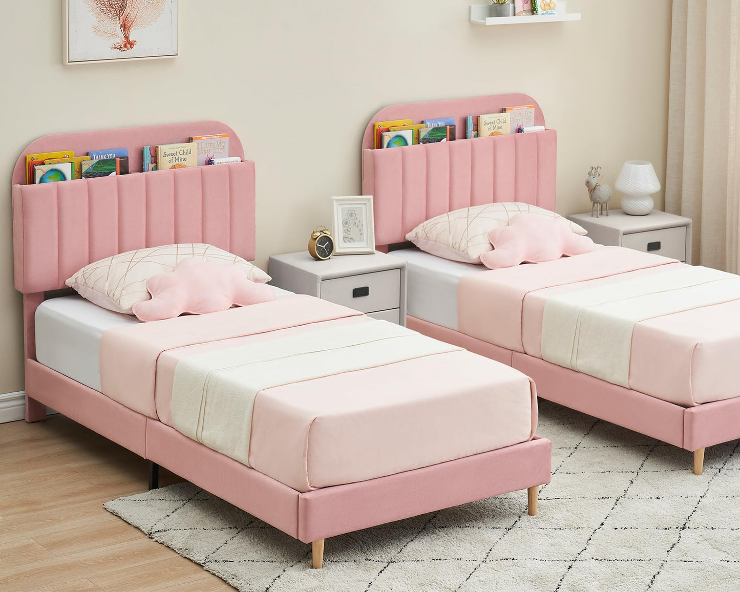 GarveeHome Full Bed Frame with Storage Headboard, Velvet Upholstered Platform Bedframe for Kids, Girl Bed, Strong Wooden Slats, Noise-Free, Easy Assembly, No Box Spring Needed, Light Pink