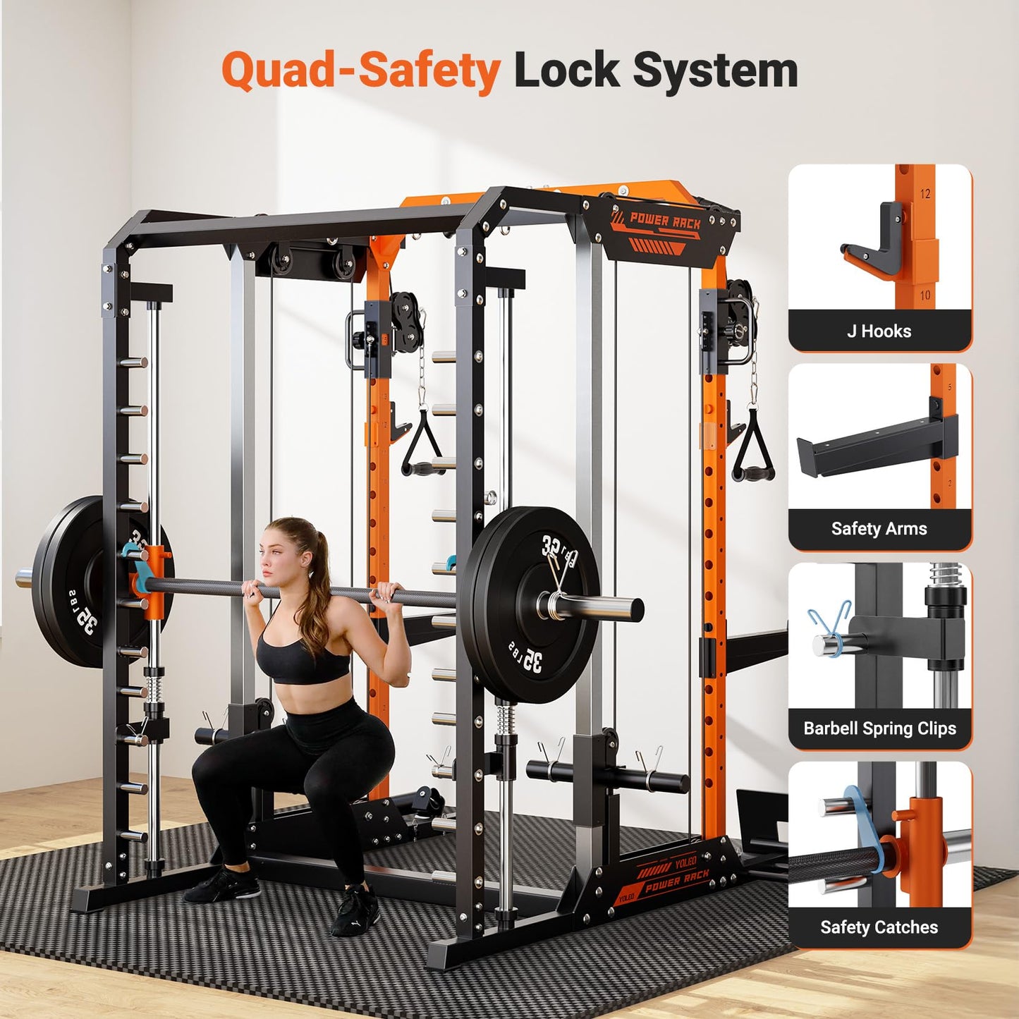 YOLEO Smith Machine with Independent Dual-Pulley System, 1700LBS Adjustable Cable Crossover Squat Rack, Multi-Functional Power Cage for Home Gym with More Workout Equipment LAT Pulldown Bar & Dip Bar