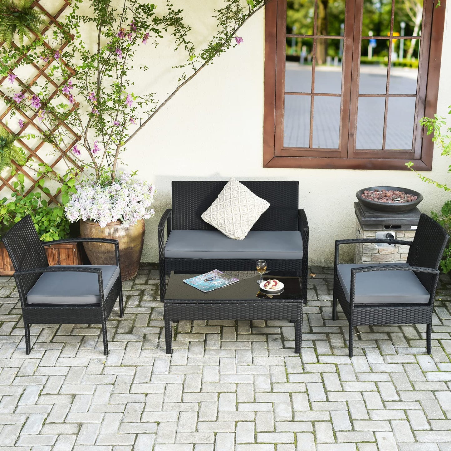 Tangkula 4-PCS Wicker Patio Conversation Furniture Set, Outdoor Rattan Chair and Table Set, Patio Furniture Sets with Coffee Table & Washable Cushions for Courtyard Balcony Garden (1, Black)