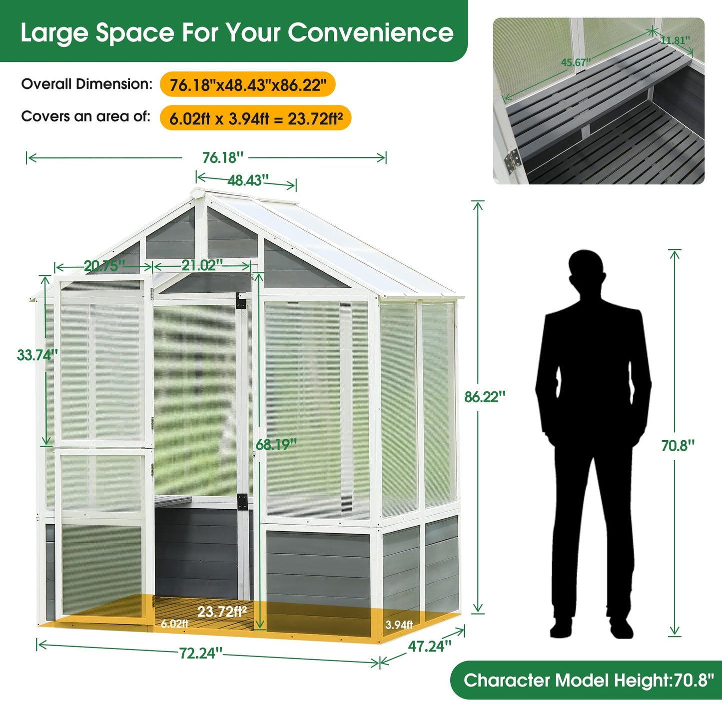 YOPTO Polycarbonate Greenhouse,Outdoor Wooden Green House, Walk-in Hobby Garden Shed with Front Entry Door,for Patio Backyard Lawn,Plants, White