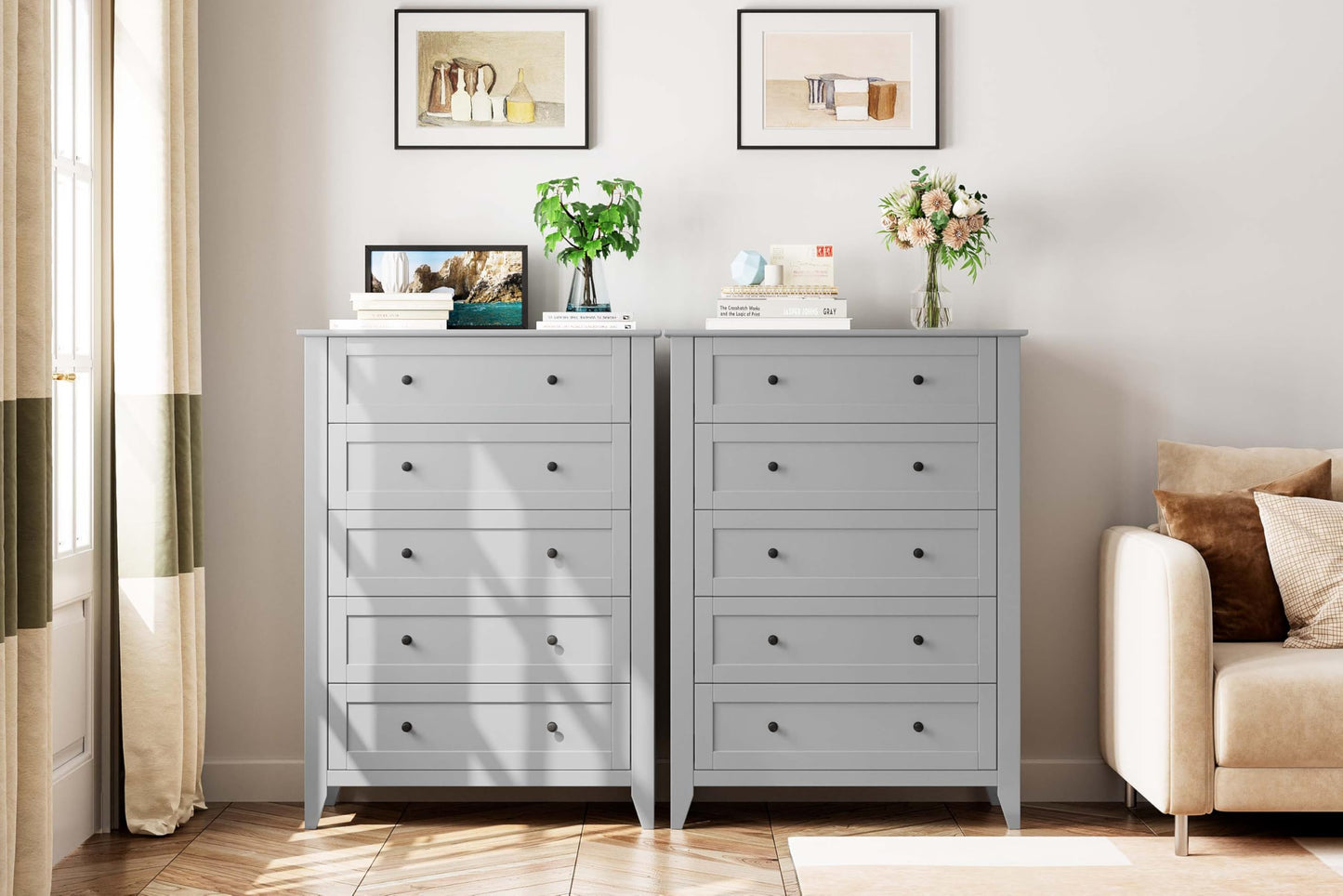 Garvee 5 Drawer Dresser for Bedroom, Modern Tall Chest of Drawers with Metal Knobs, Wooden Clothes Storage Organizer for Closet, Nursery, Living Room, Apartment, Grey