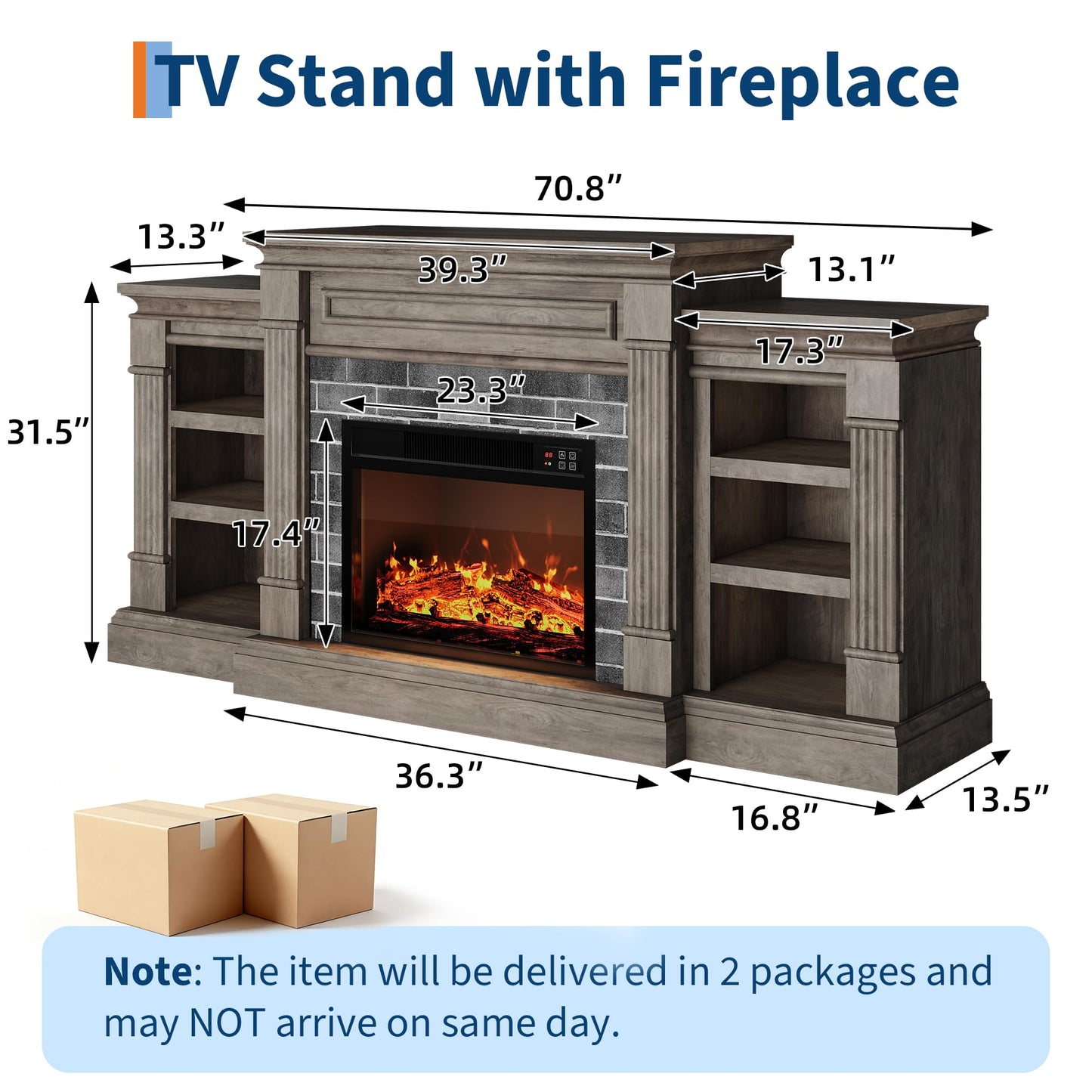 GAOMON 71 Inch Fireplace TV Stand, Wooden Entertainment Center with 23 Inch Electric Fireplace, 3D Realistic Flame, Farmhouse Media Console with Storage Cabinets for Living Room, White+Brow