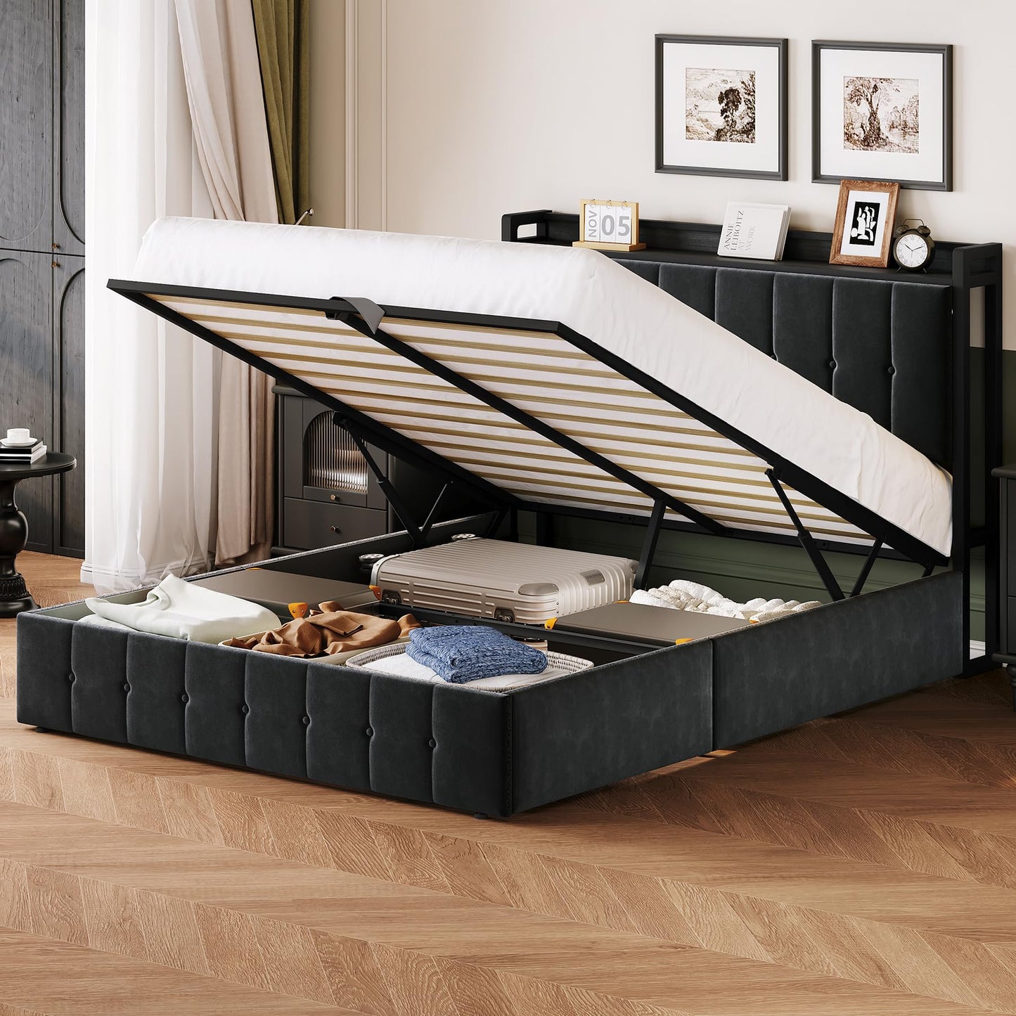 Garvee Full Size Lift Up Storage Bed, Upholstered Velvet Bed Frame with Storage Headboard, Metal Platform Bed, No Box Spring Needed, Solid Wooden Slats, Noise Free, Black