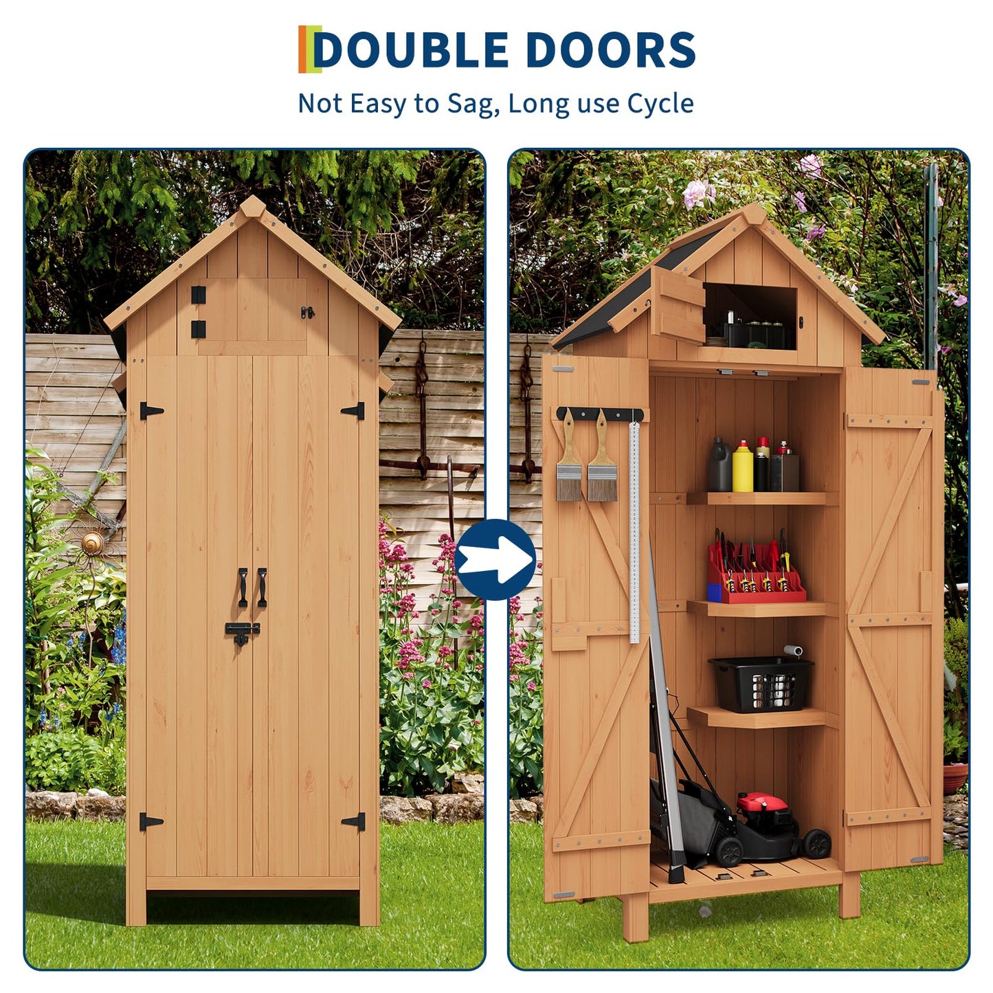 70" Tall Outdoor Storage Shed Cabinet - Vertical Garden Tools Organizer with Waterproof Roof, Lockable Doors & Shelves, Wooden Patio Storage for Yard, Deck, Lawn Equipment