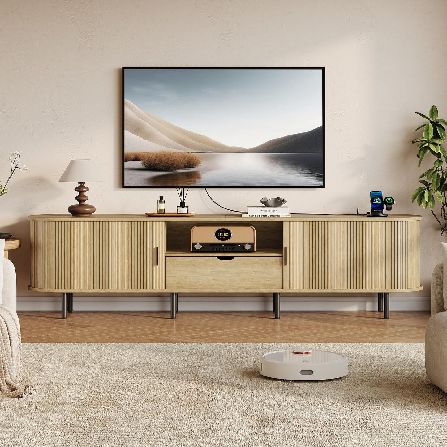 86.6" TV Stand with Power Outlet for TVs up to 85 Inch, Oak Media Console