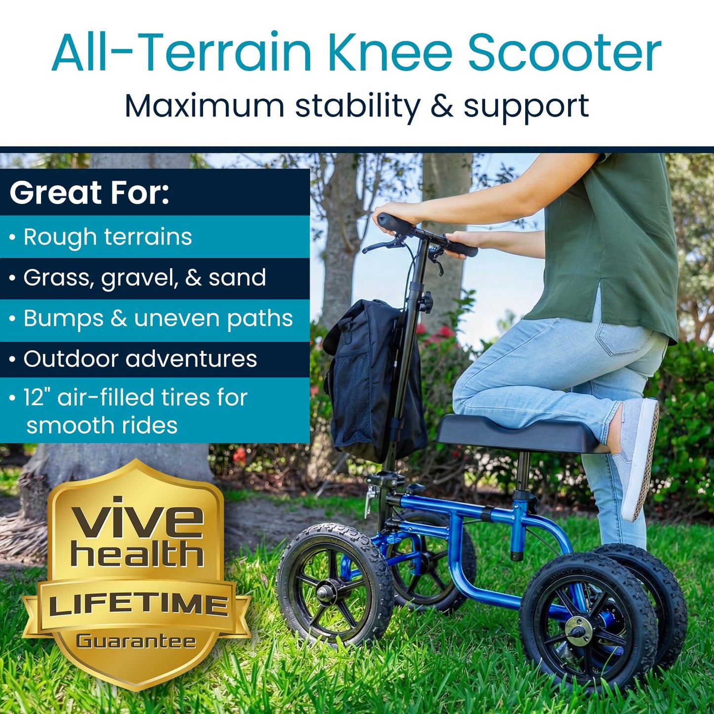 Vive Mobility All Terrain Knee Scooter Walker for Foot Injuries - Adult Broken Leg Crutch Cart Roller for Surgery, Broken Foot, Ankle Injury - Kneeling Rolling Steerable Seated Wheel Scooter Aid