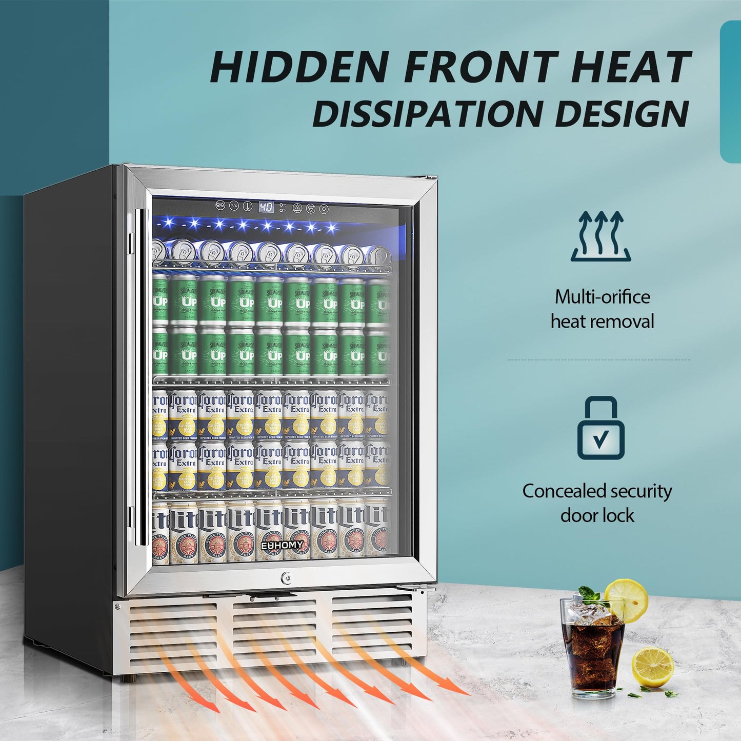 EUHOMY 24 Inch Beverage Refrigerator, 180 Can Built-in Beverage Cooler, Under Counter Beer Fridge with Glass Door for Soda, Water, Wine - For Kitchen, Bar or Office