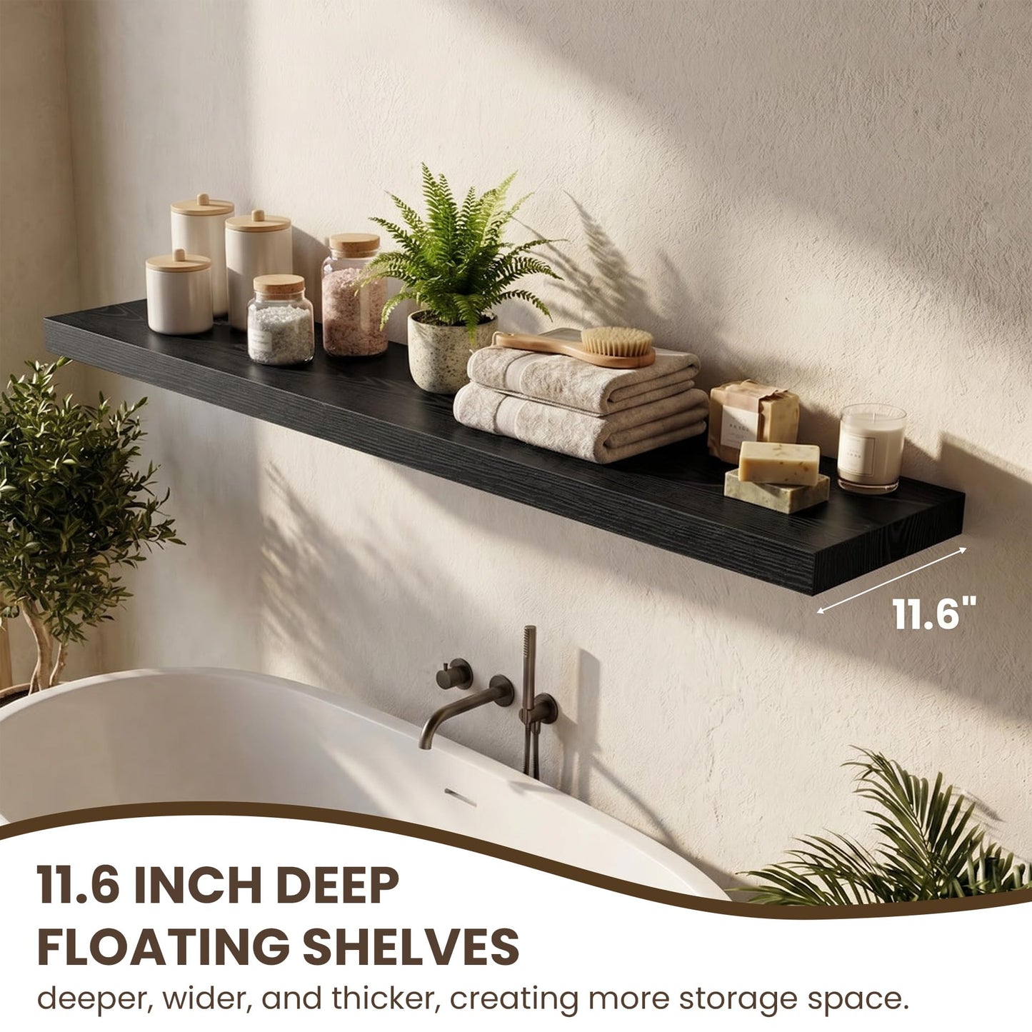 Acovy 72 Inch Long Floating Shelves for Wall Set of 2,12" Deep Wall Shelf,Large Floating Shelf with Invisible Brackets for Bedroom,Bathroom,Kitchen,Farmhouse Home Decor Display Bookshelf,Black