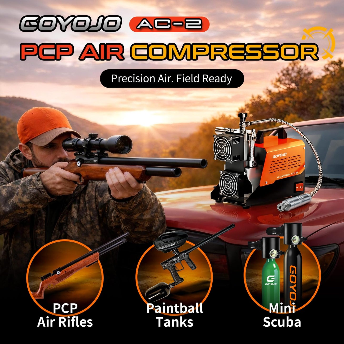 GOYOJO AC-2 PCP Air Compressor, 4500 PSI/30 MPa Portable Oil-Free Air Pump, Up to 45 Min Continuous Runtime, 12V DC & 110V/220V AC Converter, for PCP Airguns & HPA Paintball Tanks