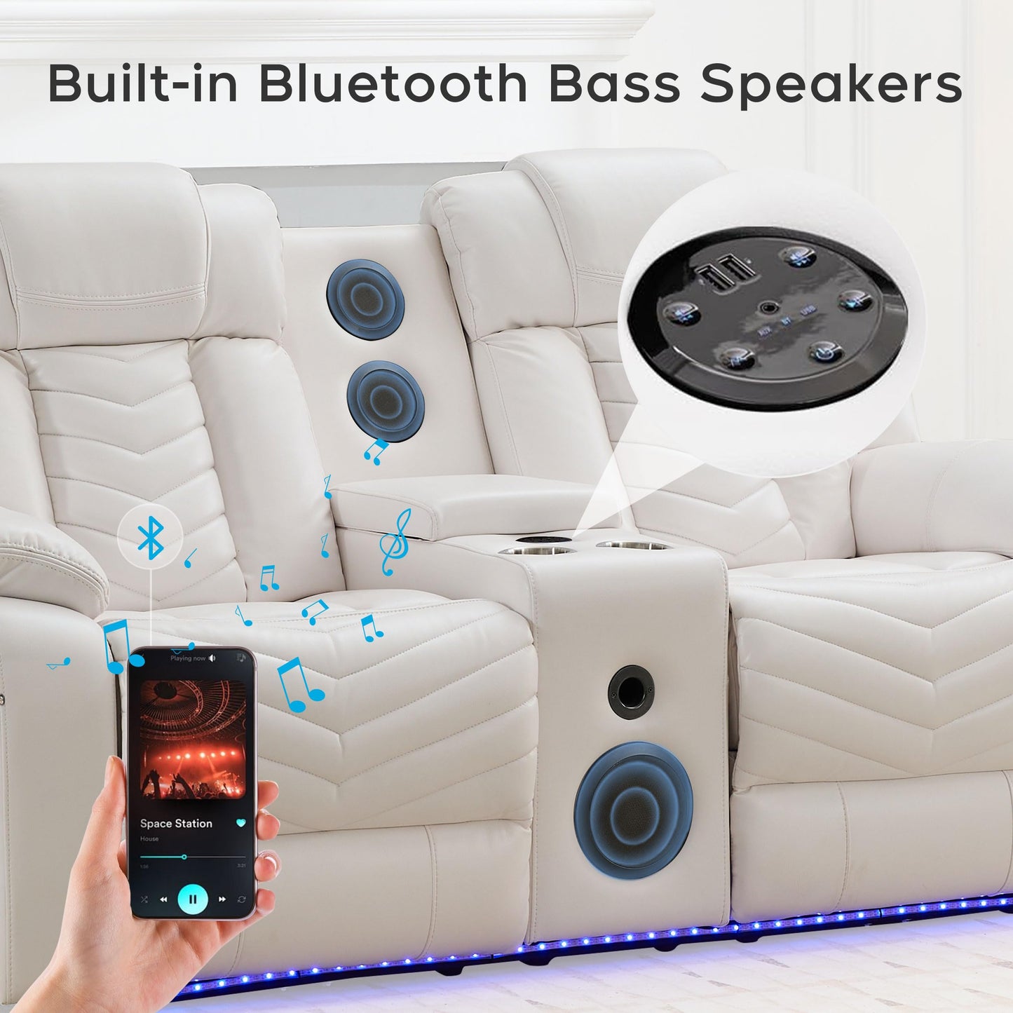 KEIKI 2-Piece Power Reclining Sofa Sets, Technical Leather Loveseat Sofa & 3 Seat Sofa, Living Room Furniture Set with Electric Recliners, Wireless Charger, Cup Holder, Storage Armrest, White
