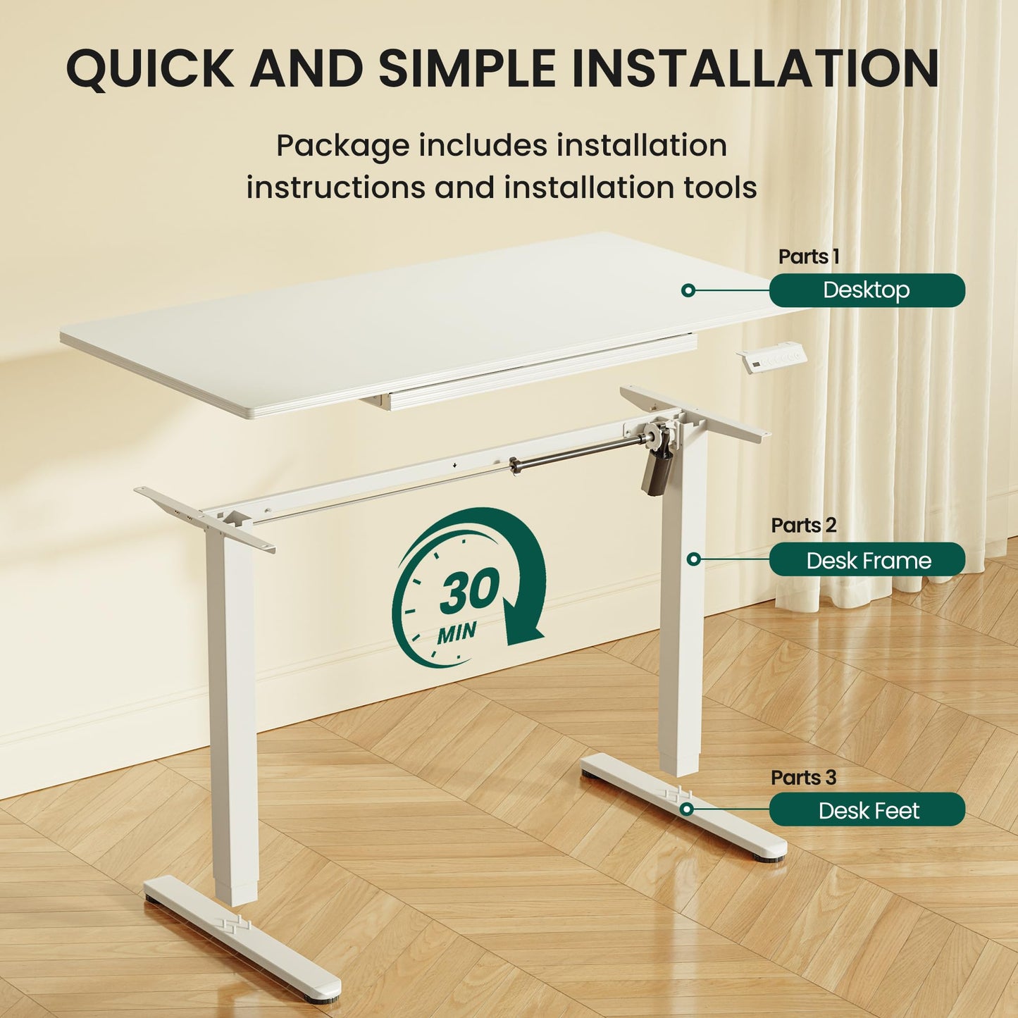 CubiCubi 48x24 Standing Desk with Glass Top, Height Adjustable Computer Desk with Drawer, One-piece Rising Home Office Desks with Positon Memory, Sit Stand Up Electric Workstation Table, White