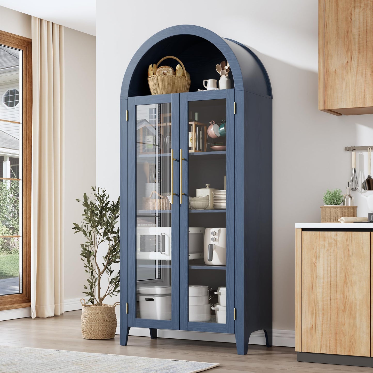 GarveeHome Arched Kitchen Pantry Cabinet - Farmhouse 5 Tier Display Shelf with Adjustable Shelf and 2 Large Glass Doors, Versatile Storage Cupboard for Kitchen, Dining Room, Living Room, Night Blue