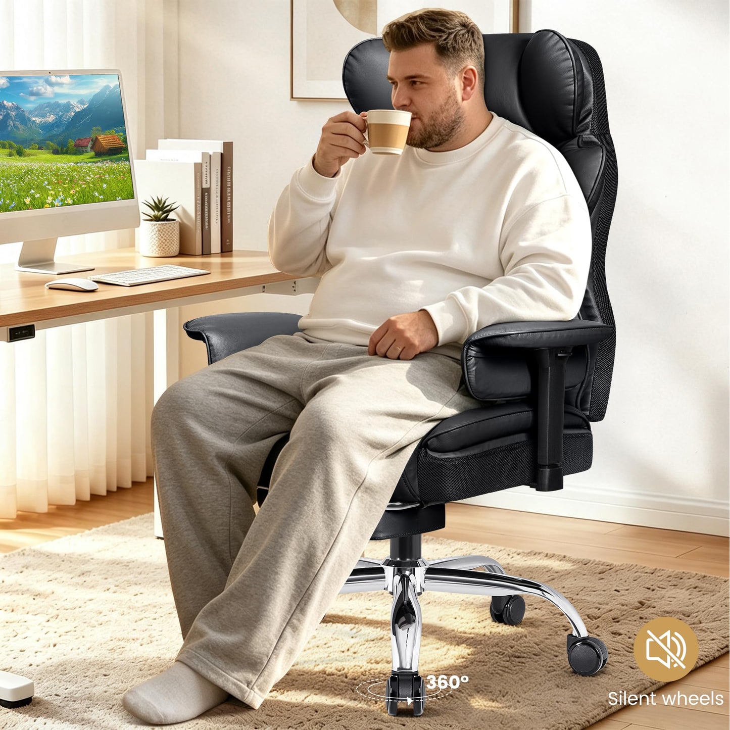 Stella Mia Big & Tall Office Chair – 21.3" Wide Seat High Back Ergonomic Executive Chair with Retractable Footrest, Heavy Duty Computer Gaming Chair for Heavy People, Black 2 Pack