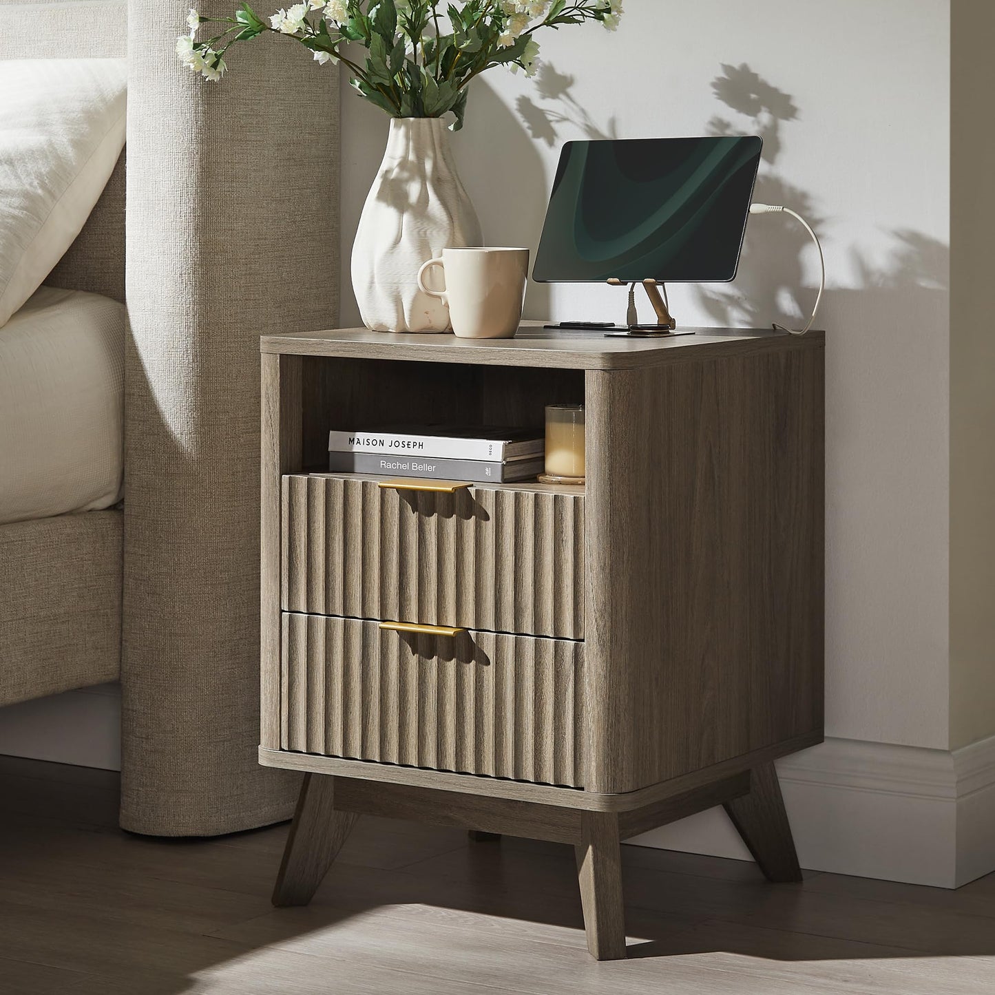 T4TREAM Fluted Nightstand Set of 2 with Charging Station, 18" Modern Side Table with 2 Drawer, End Table w/Storage, Bedside for Bedroom, Living Room, Curved Profile Design, Grey Alder
