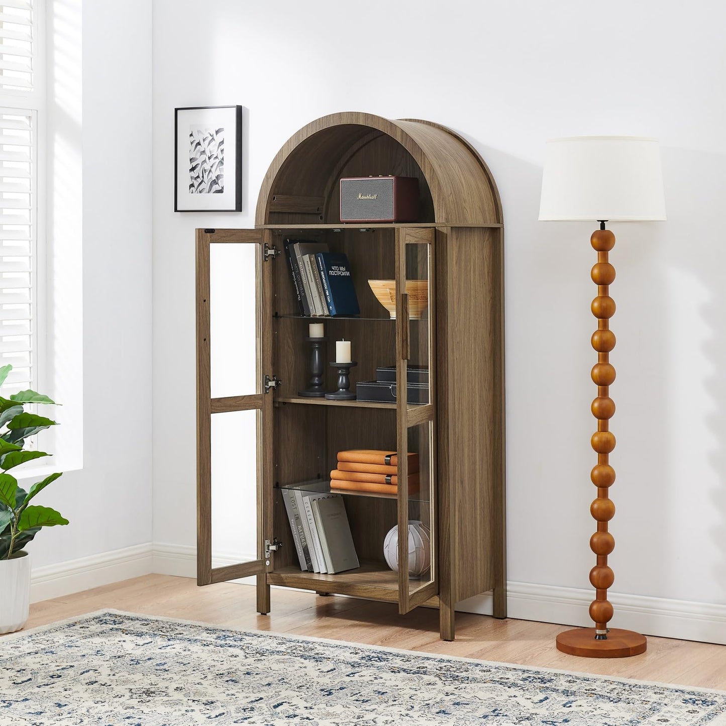 KEIKI 67" H Arched Display Storage Cabinet with Glass Doors, Adjustable Glass Shelf & LED Lights, Wood Retro-Style Curio China Collectibles Book Case Shelves Bookcase for Living Room, Home Office