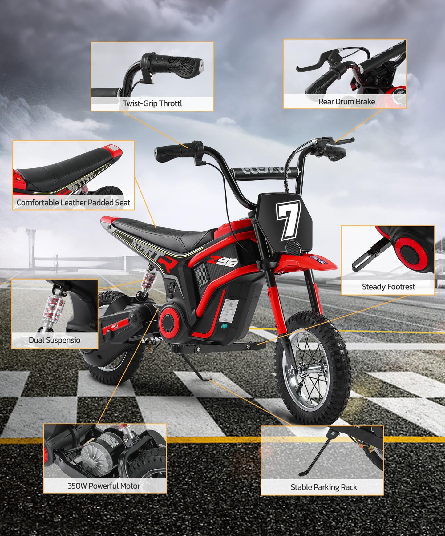ELEMARA Electric Dirt Bike,350W Motorcycle 24V Ride on Toy for Big Kids w/LED Power Display,15.5 mph & 150lb Max,3 Speeds,Chain-Driven Motor,Twist-Grip Throttle & Brake Lever,12" Air-Filled Tires-Red