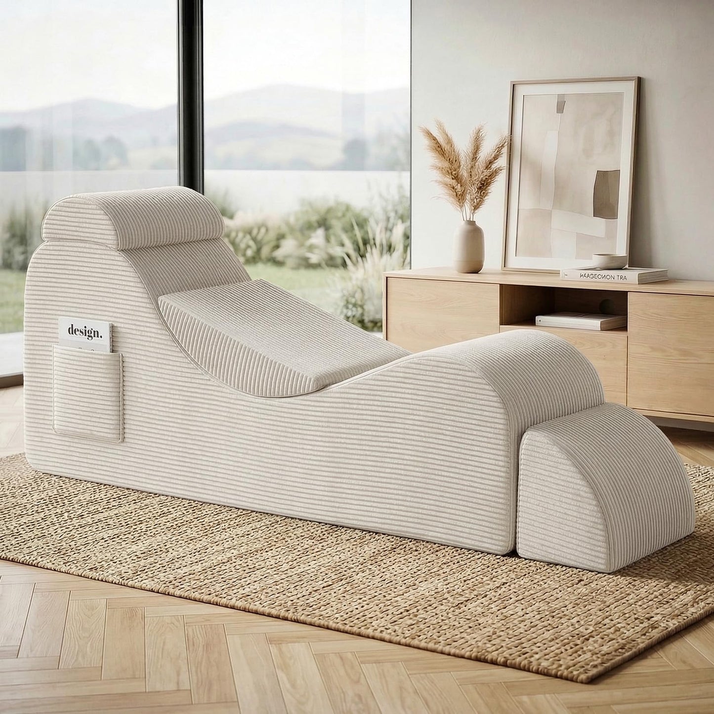 Yoga Chair Lounge for Adult, Ergonomic Foam Chaise Lounge Chair Indoor with Side Pocket, Headrest, Waist Pad, Ottoman, Perfect for Stretching, Massage, and Relaxation, No Assembly Required(Beige)