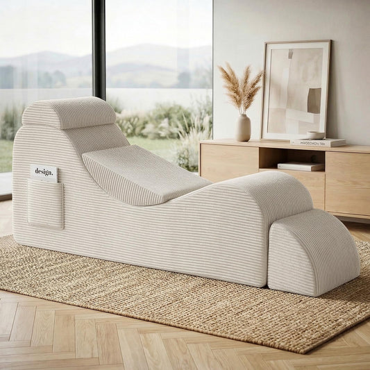 Yoga Chair Lounge for Adult, Ergonomic Foam Chaise Lounge Chair Indoor with Side Pocket, Headrest, Waist Pad, Ottoman, Perfect for Stretching, Massage, and Relaxation, No Assembly Required(Beige)