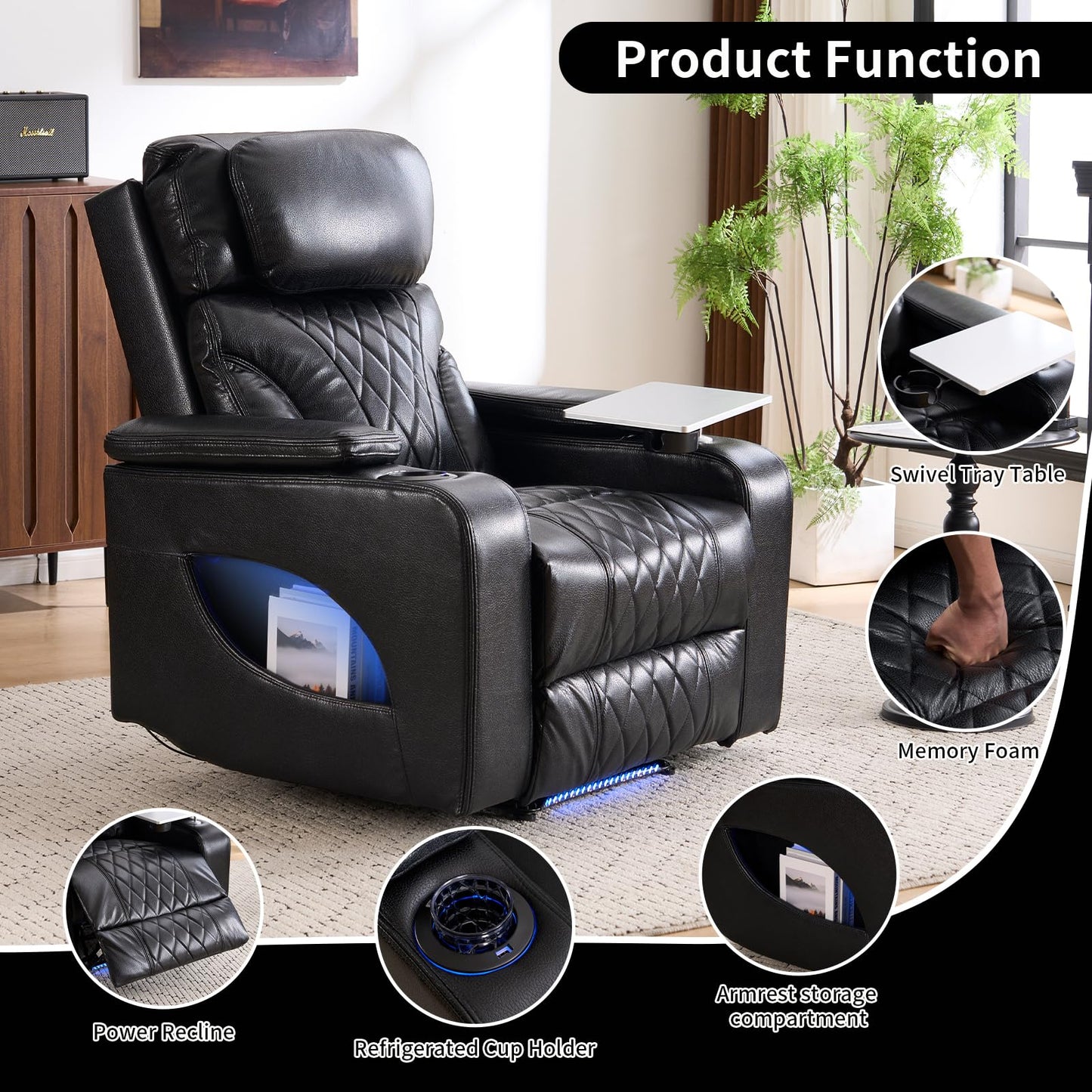 Zuacs Home Theater Seating, Power Recliner with Cooling Cup Holder & Heating Massage, Electric Recliner Chair with Tray Table, USB Charging, Manual Headrest for Living Room,Matte Black