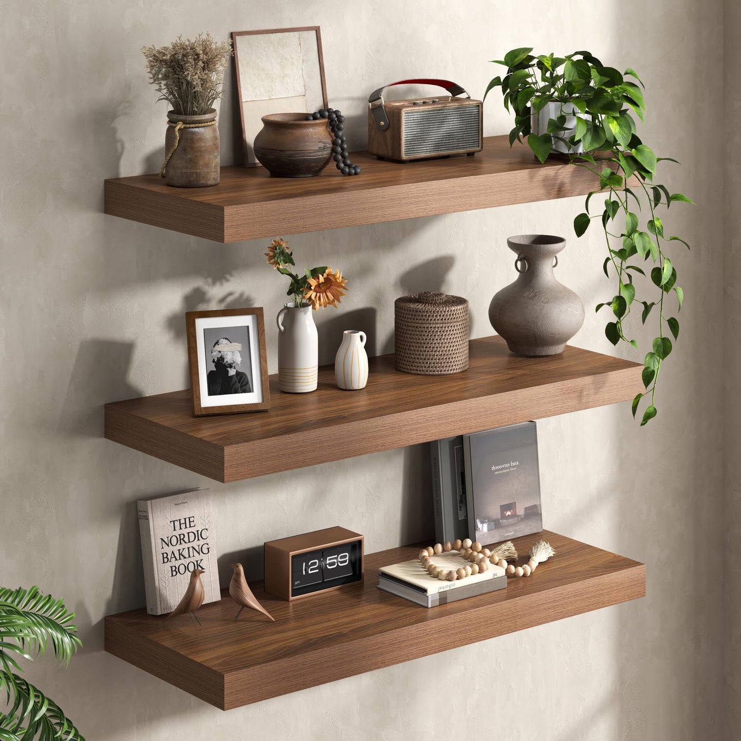 Fun Memories 72 Inch Floating Shelves, 12 Inch Deep Wall Shelf for Fireplace Mantel, Deep Storage Shelves for Home & Office, Long Floating Shelf with Invisible Bracket, Walnut, Set of 2